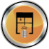 Round orange and silver icon showing a stylized window with a hanging pull and a motorized shade or remote control symbol underneath.